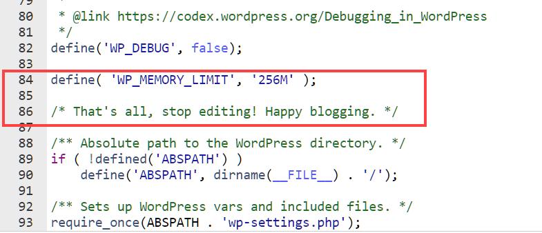 Editing wp-config file to rais PHP memory